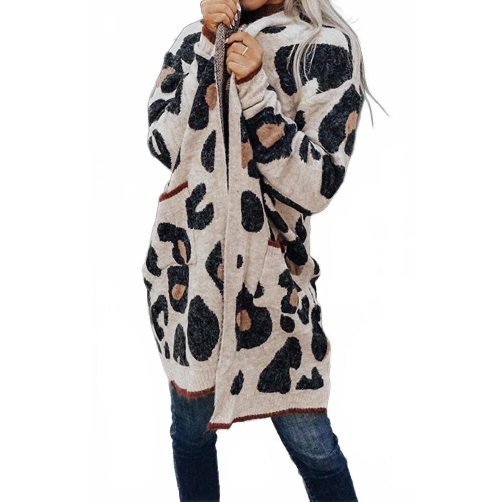 NEW PRETTY BASH open front long cardigan in ivory with leopard print
